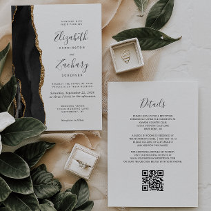 Invitation Moderne Black Gold Agate QR Code Mariage