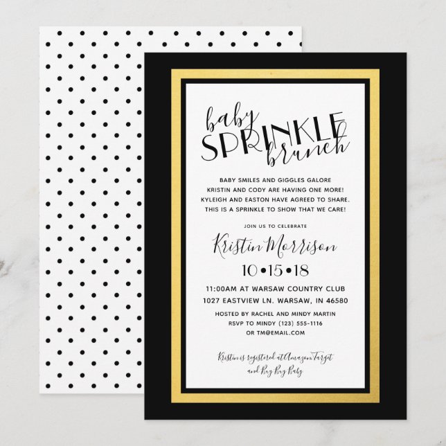 Invitation moderne Black Gold Baby Sprinkle (Devant / Derrière)