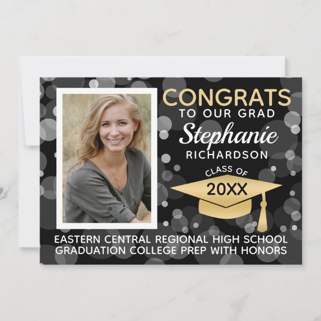 Invitation Moderne Black Gold Bokeh Bubbles Photo Graduation (Devant)