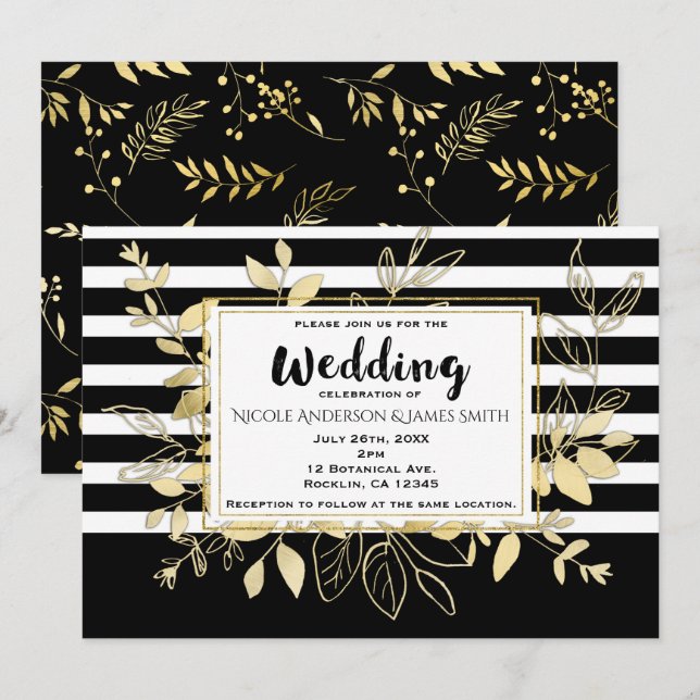 Invitation Moderne Black Gold Botanique Glamor Chic Mariage (Devant / Derrière)