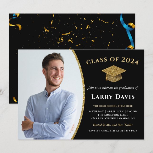 Invitation Moderne Black & Gold Confetti Photo Graduation (Devant / Derrière)