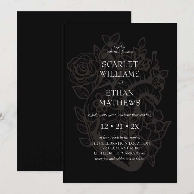 Invitation Moderne Black Gothique Élégant Floral Heart Mariag (Devant / Derrière)