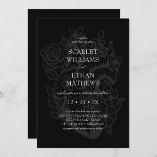 Invitation Moderne Black Gothique Élégant Floral Heart Mariag