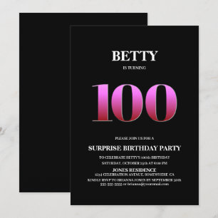 Invitation Moderne Black Pink Surprise 100e anniversaire