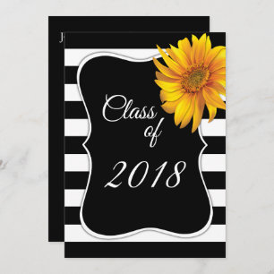 Invitation Moderne BlackWhite Stripe Sunflower 2018 Graduatio