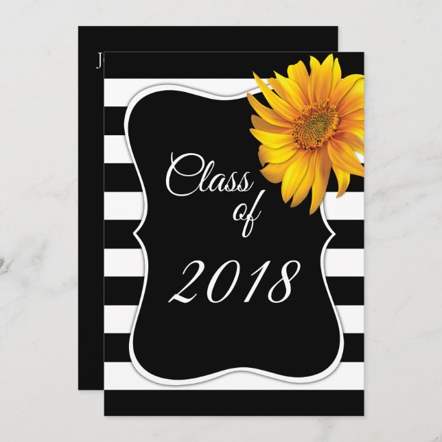 Invitation Moderne BlackWhite Stripe Sunflower 2018 Graduatio (Devant / Derrière)