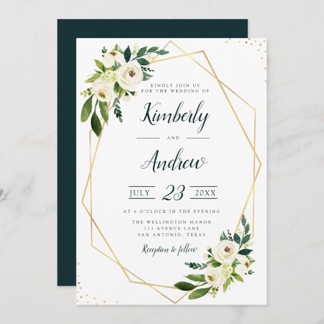 Invitation moderne blanc floral vert & or mariage géométrique (Devant / Derrière)
