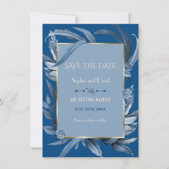 Invitation Moderne Bleu Feuille Or Enregistrer La Date (Devant)