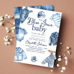 Invitation Moderne Bleu Jean Bébé Denim Baby shower à thème