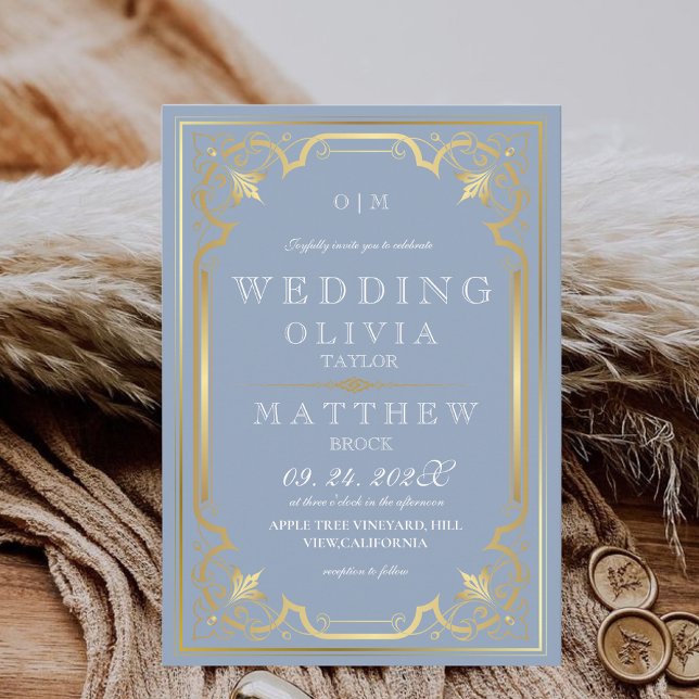 Invitation Moderne Bleu Or Élégant Ornate Romantique Mariage (Créateur téléchargé)