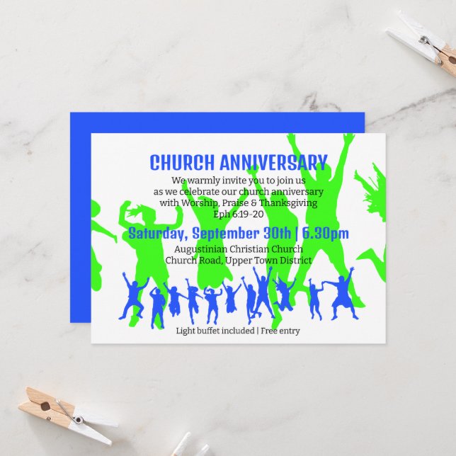 Invitation Moderne Bleu Vert ANNIVERSAIRE DE L'ÉGLISE (Devant/Arrière en situation)