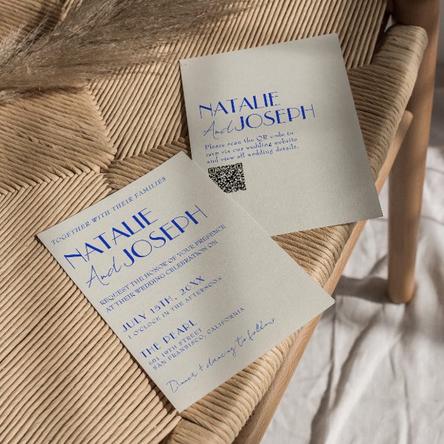 Invitation Moderne Bleu Whimsical Français Rétro QR Code Mari (Créateur téléchargé)