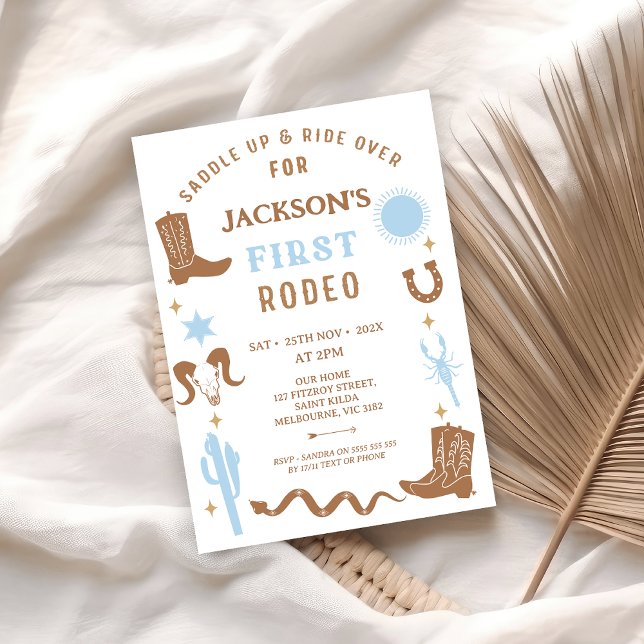 Invitation Moderne Blue Brown Cowboy Premier Rodéo 1er Annive (Boys First Rodeo Birthday Invitation, Cowboy First Rodeo 1st Birthday Invitation, Western Wild West )