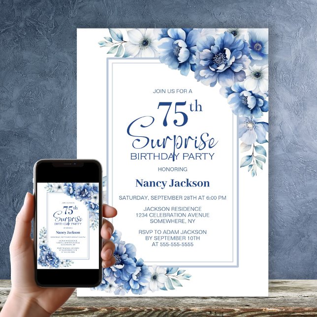 Invitation Moderne Blue Floral Surprise 75e anniversaire fête (Créateur téléchargé)