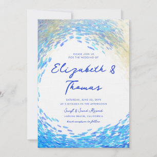 Invitation Moderne Blue Gold Surfer Vague Élégante Plage Mari