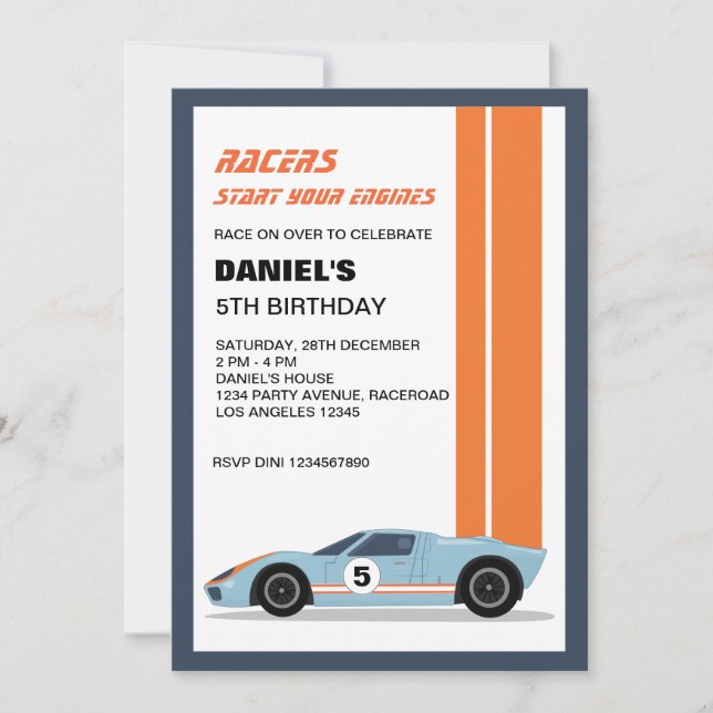 Invitation Moderne Blue Race Car Boy Anniversaire (Devant)