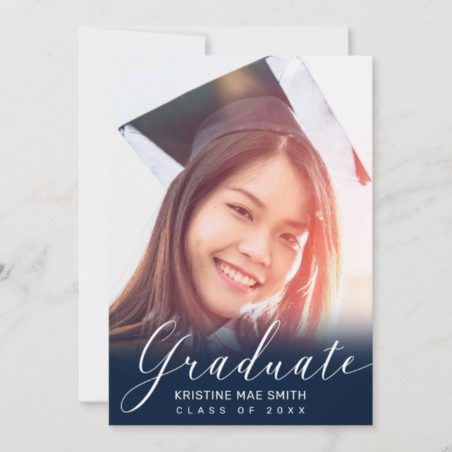 Invitation Moderne Blue White Calligraphie Photo Graduation (Devant)
