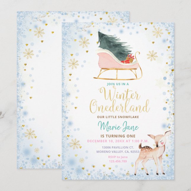 Invitation Moderne Blue Winter Onederland Anniversaire Invita (Devant / Derrière)