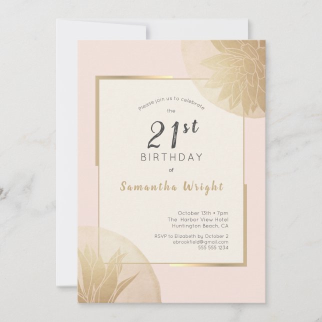 Invitation Moderne Blush Gold 21e Anniversaire Succulents (Devant)