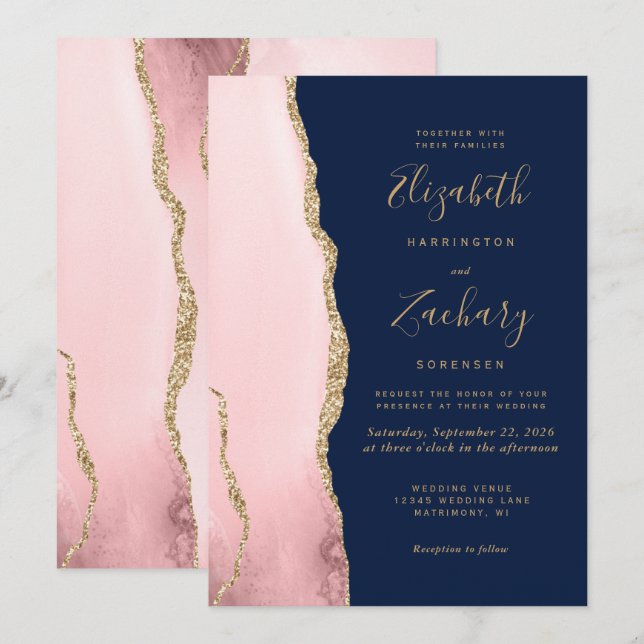 Invitation Moderne Blush Pink Gold Agate Marine Mariage bleu (Devant / Derrière)