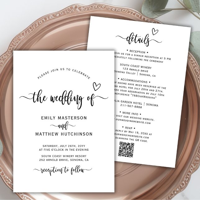 Invitation Moderne Boho Heart Calligraphy QR Code Mariage (Créateur téléchargé)