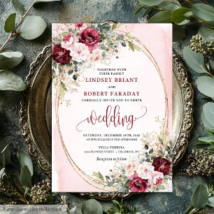 Invitation Moderne Boho Rouge Profond Roses Dorées Fiançaille