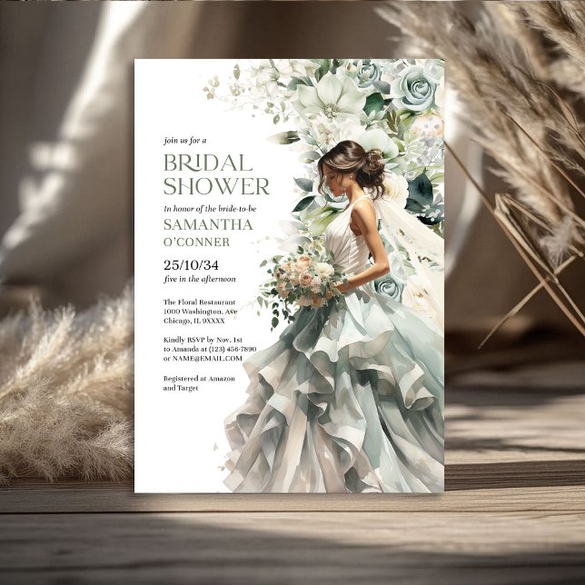 Invitation Moderne boho vert eucalyptus mariée avec voile (Modern boho greenery eucalyptus bride with veil invitation)