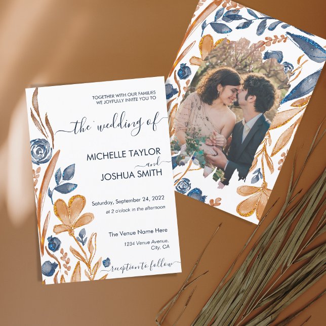 Invitation Moderne Boho Wildflower Terracotta Bleu Marine (Créateur téléchargé)