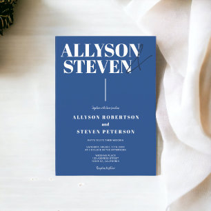 Invitation moderne bold names script bleu photo mariage