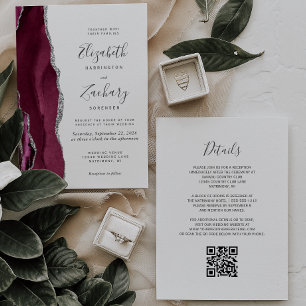 Invitation Moderne Bourgogne Argent Agate QR Code Mariage