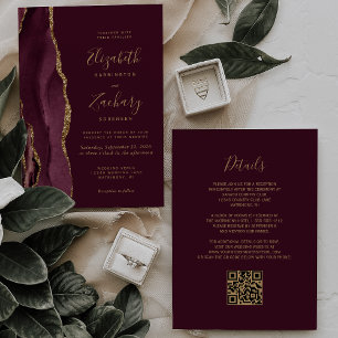 Invitation Moderne Bourgogne Rouge Or Agate QR Code Mariage