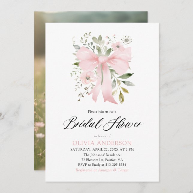 Invitation Moderne Bow rose amour floral dans la Fête des mar (Devant / Derrière)