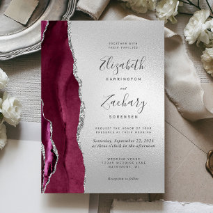 Invitation Moderne Burgundy Agate Mariage argent