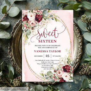 Invitation Moderne Burgundy doré Floral Sweet Seize 