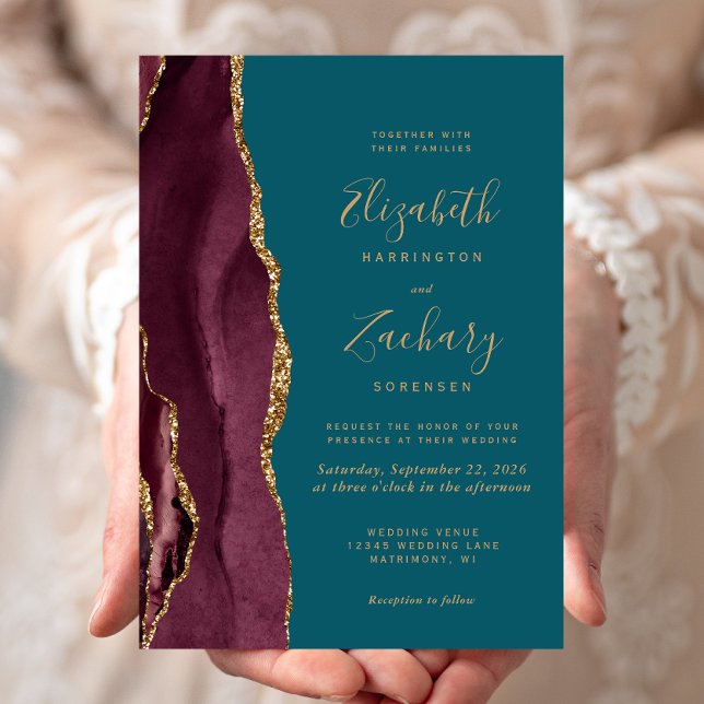 Invitation Moderne Burgundy Gold Agate Mariage Turquoise (Créateur téléchargé)