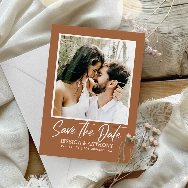 Invitation Moderne Burnt Orange QR Code Enregistrer la date M (Save time and reduce wedding planning stress with this QR code Save the Date card.)