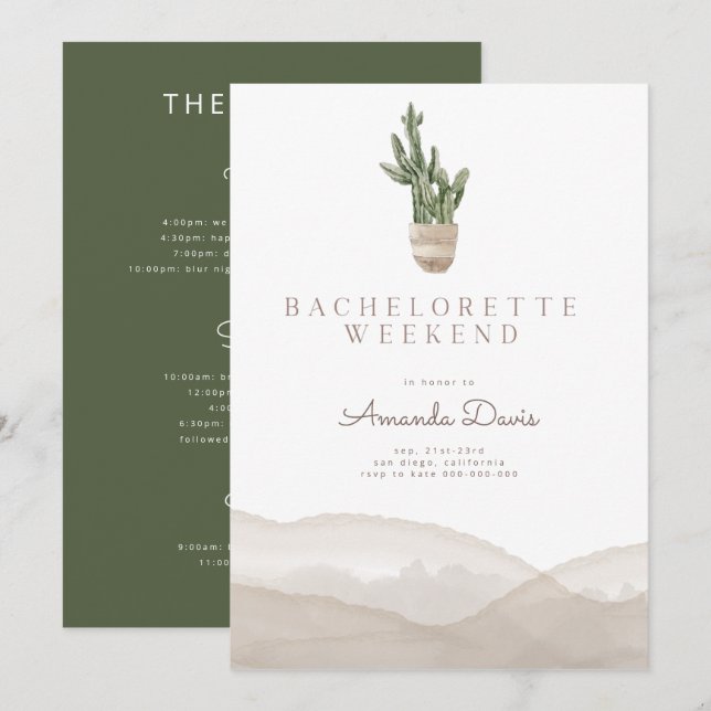 Invitation Moderne Cactus Desert Western Bachelorette Week-en (Devant / Derrière)