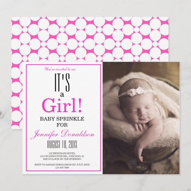 Invitation Moderne C'est une fille ! Photos roses Bébé saupou (Devant / Derrière)