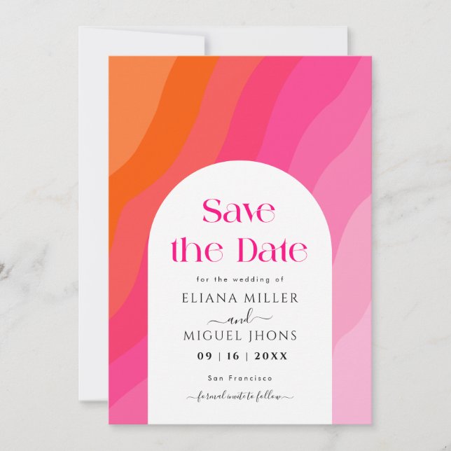 Invitation Moderne chaud rose et orange enregistrer la date M (Devant)