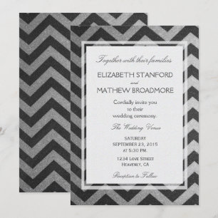 Invitation Moderne Chevron noir et argent
