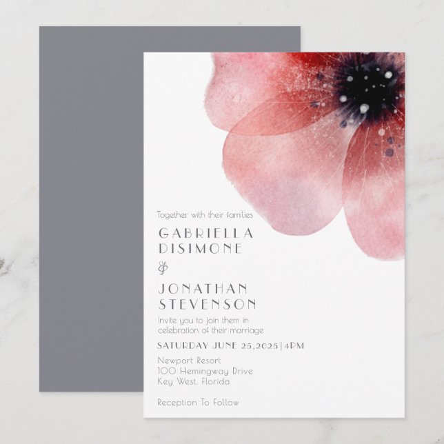 Invitation Moderne Chic Aquarelle Blush Poppy Grey Mariage (Devant / Derrière)