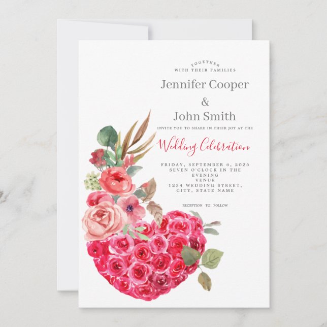 Invitation Moderne Chic Aquarelle Rose Coeur Mariage Floral (Devant)