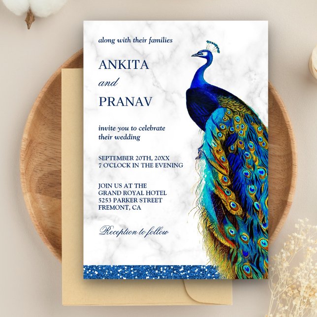 Invitation Moderne Chic Bleu Paillettes Paon Mariage Indien (Créateur téléchargé)