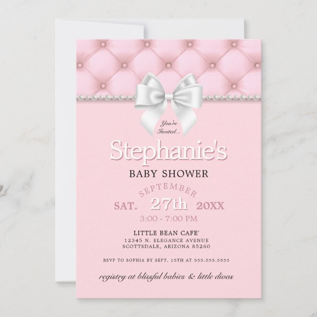 Invitation Moderne Chic Bow Blush rose Tiffany Baby shower (Devant)
