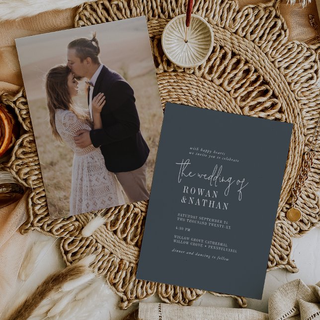 Invitation Moderne Chic Dark Navy Bleu Photo Retour Mariage (Créateur téléchargé)