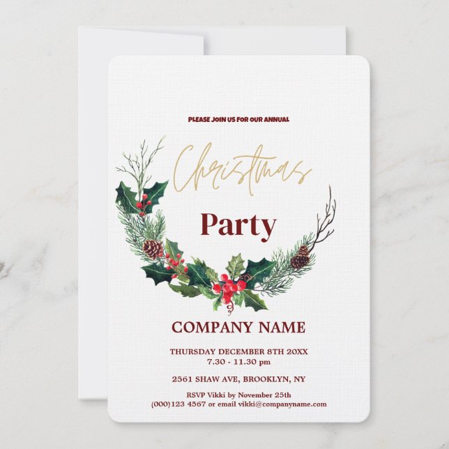 Invitation Moderne Chic Entreprise Noël Aquarelle Wreath (Devant)