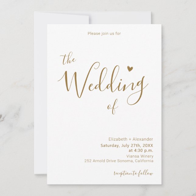Invitation Moderne Chic Gold Calligraphie Script Mariage de c (Devant)