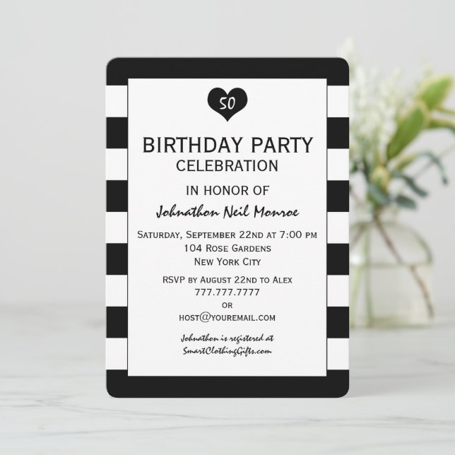 Invitation Moderne Chic Grandes Noires & Blanches Anniversair (Debout devant)