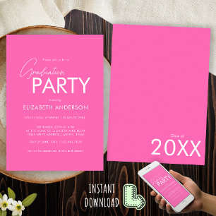 Invitation Moderne Chic Hot Pink Typographie Partie de gradua