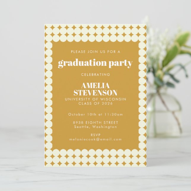 Invitation Moderne Chic Jaune Simple Dots Partie de graduatio (Debout devant)